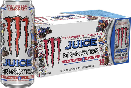 Monster Energy Juice Strawberry Lemonade, Energy + Juice, Energy Drink, 16 Ounce (Pack of 15)
