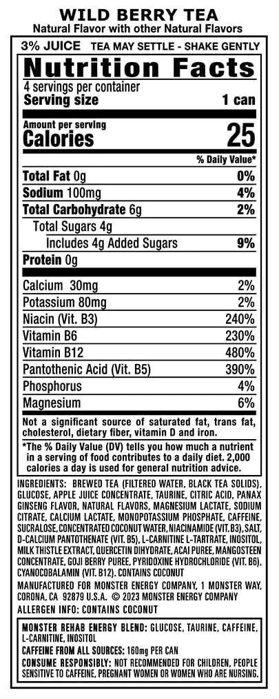 Monster Rehab Wild Berry Tea + Energy, Energy Drink, 15.5 Ounce