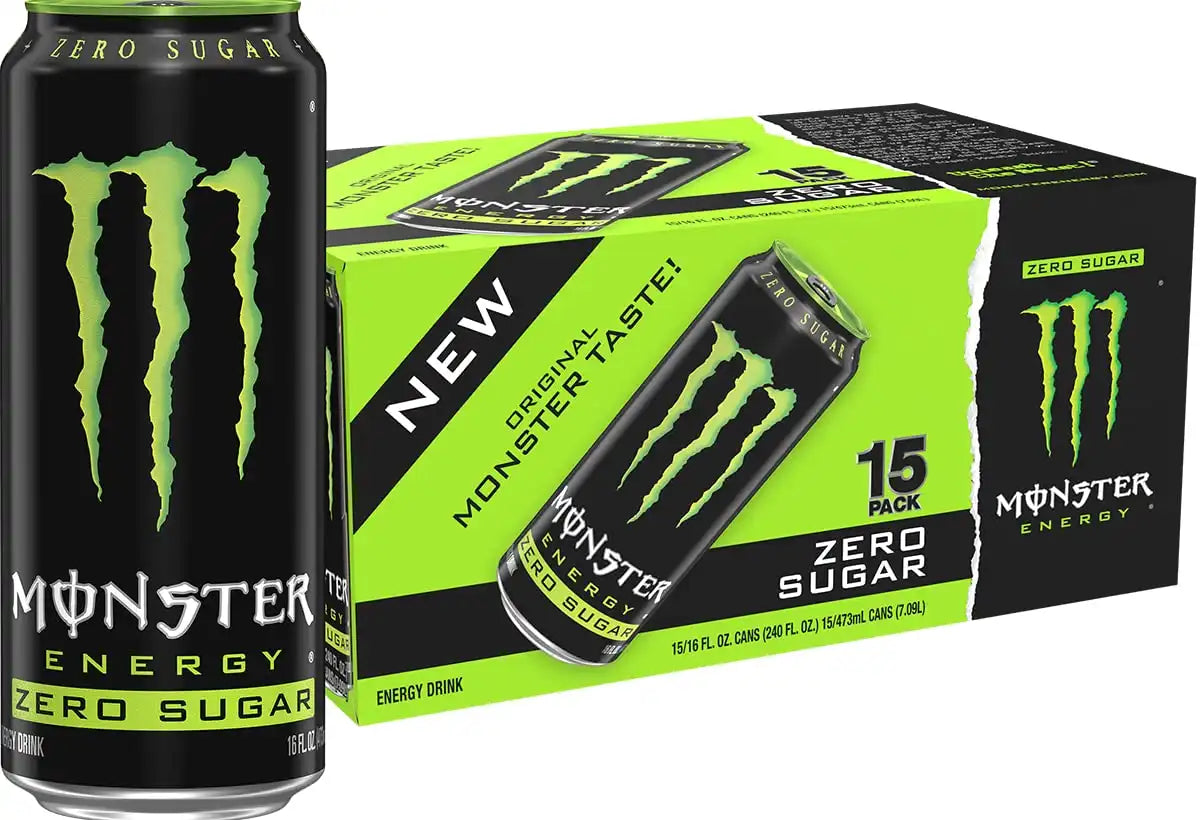 Monster Energy Zero Sugar, Green, Original, Low Calorie Energy Drink, 16 Ounce (Pack of 15), Can