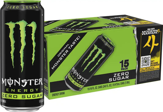 Monster Energy Zero Sugar, Green, Original, Low Calorie Energy Drink, 16 Ounce (Pack of 15), Can