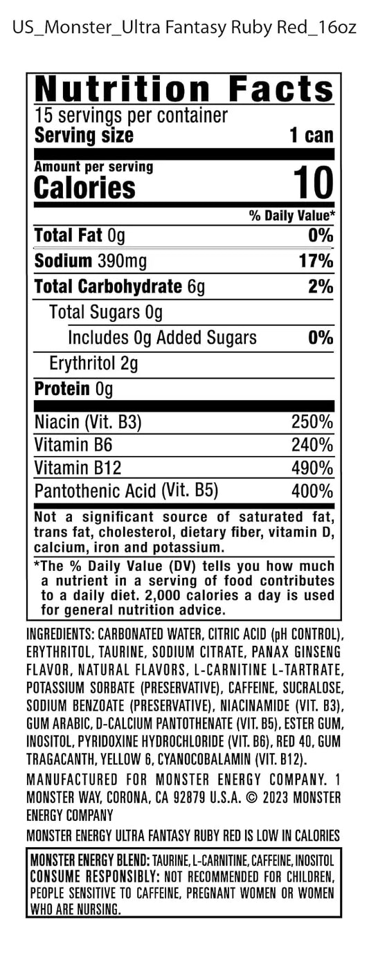 Monster Energy Ultra Fantasy Ruby Red, Sugar Free Energy Drink, 16 Ounce