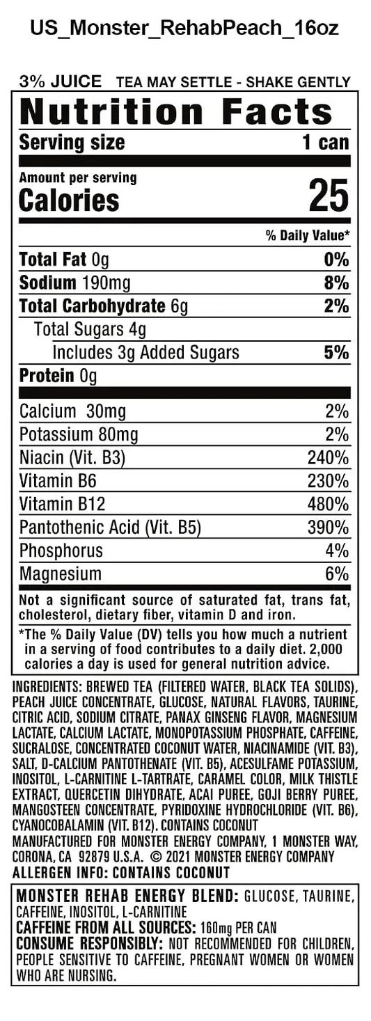 Monster Rehab Peach Tea + Energy, Energy Drink, 15.5 Ounce